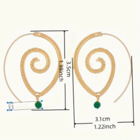 Gold Plated - Boho Hippie Unique Hoop Design Earring with Green Drop - NEW - Picture 3 of 3
